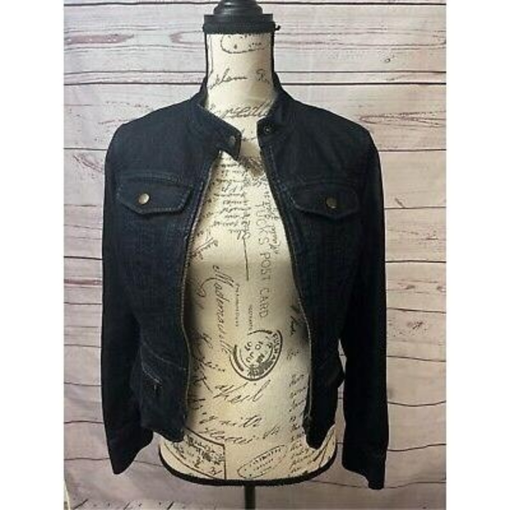 Apostrophe Stretch‎ Dark Wash Denim Jacket Women's Size 2 Moto Style